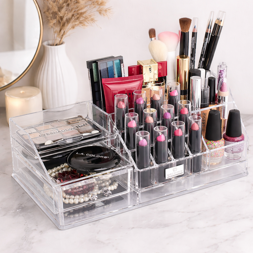 Clear F1215 makeup organiser with 19 slots and 1 drawer, perfect for storing cosmetics and beauty tools.