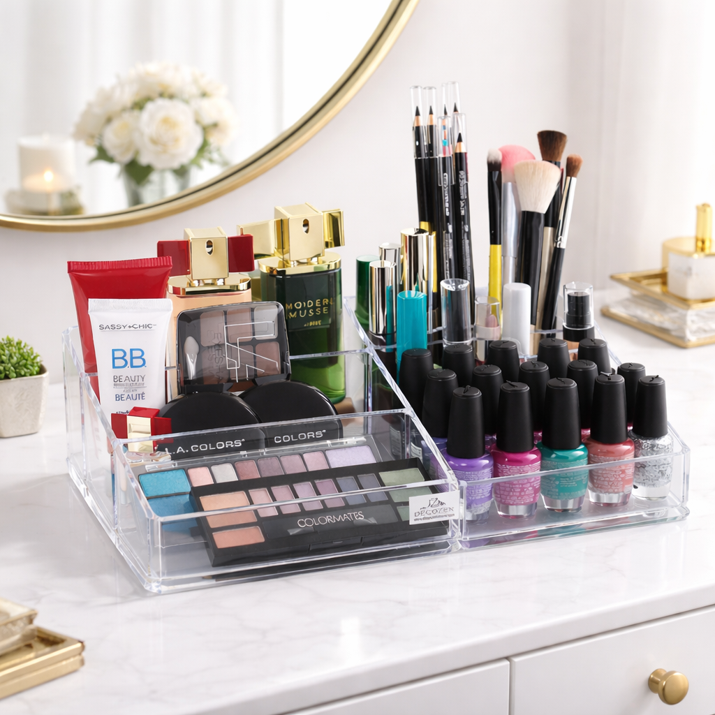 Clear F1047A makeup and jewelry organizer with 21 slots for cosmetics and accessories, neatly arranged on a white surface.