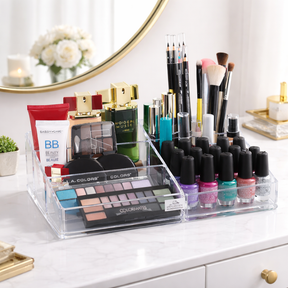 Clear F1047A makeup and jewelry organizer with 21 slots for cosmetics and accessories, neatly arranged on a white surface.
