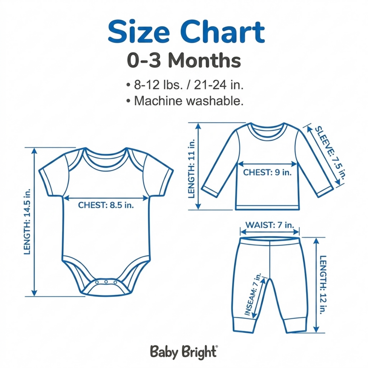 The image is a size chart for baby clothing, providing measurements for a 0-3 months age group. It includes a baby onesie, a long-sleeved shirt, and pants. The chart provides measurements for the chest, waist, and length of the clothing items.