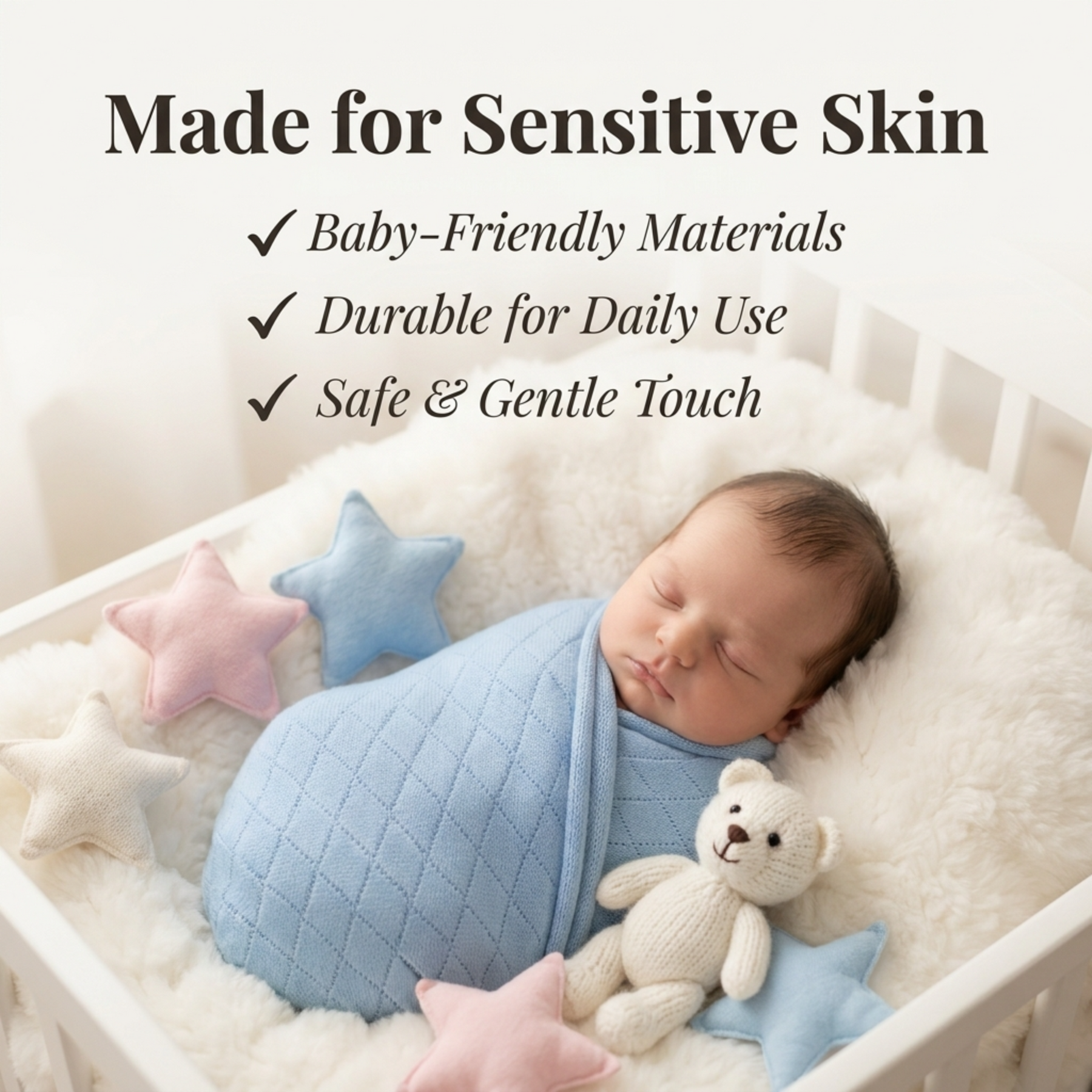 A newborn baby is peacefully sleeping in a white crib, swaddled in a blue blanket and surrounded by pink and white star-shaped toys.