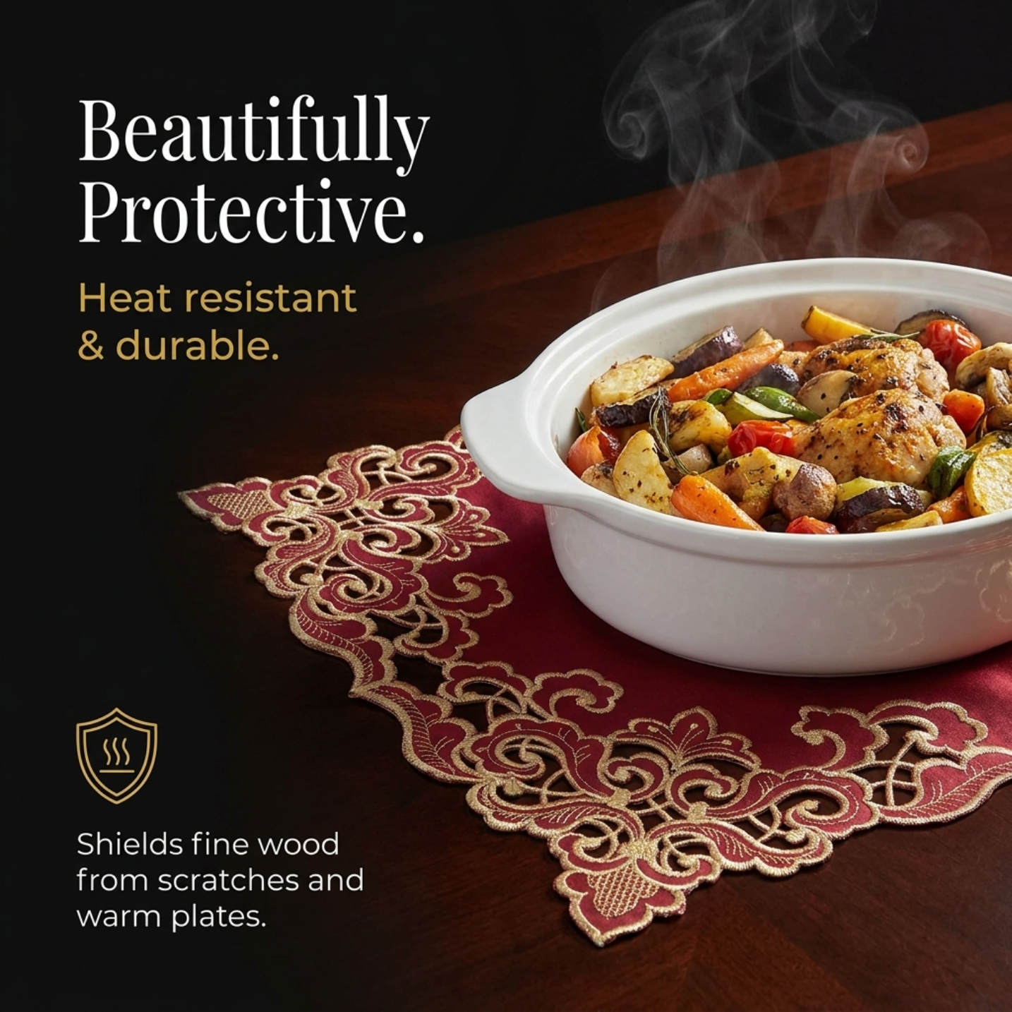Crimson Glow – Burgundy Gold Table Placemats, Granada Collection Elegant Dining Décor 12*18 inch