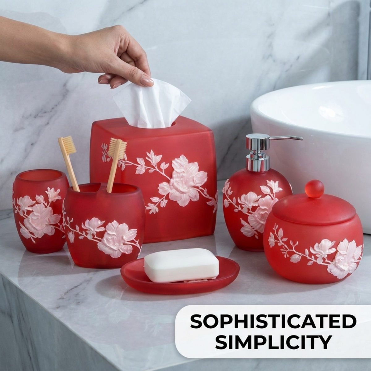 Modern bathroom décor accessories set of 6 from the Savannah Collection, featuring sleek, elegant design by AH7001.