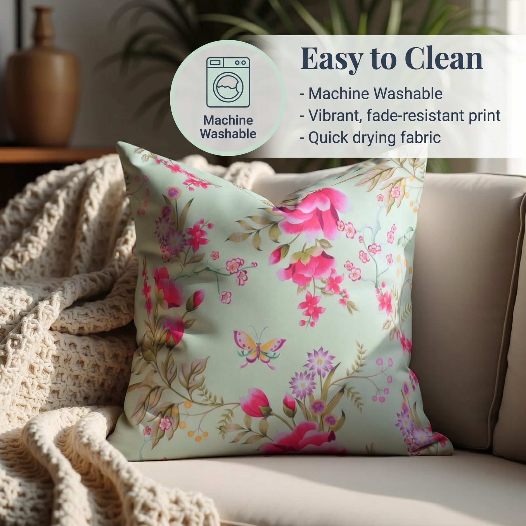 Floral printed throw pillow cover in 20x20 inches by CC-9701-A-4, featuring colorful flower designs on fabric.