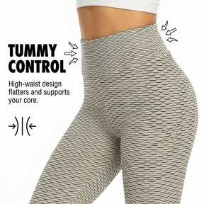 High Waist Leggings, Scrunch Booty, Textured Tummy Control - Grey & Maroon