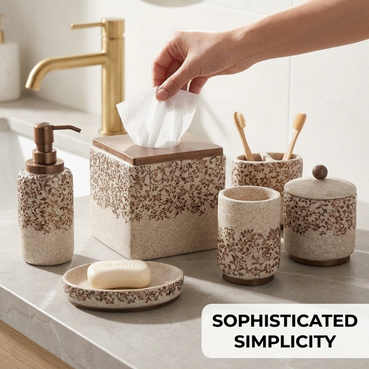 HG175 The Ciccone Collection modern bathroom décor accessories set of 6, including soap dispensers and toothbrush holders.