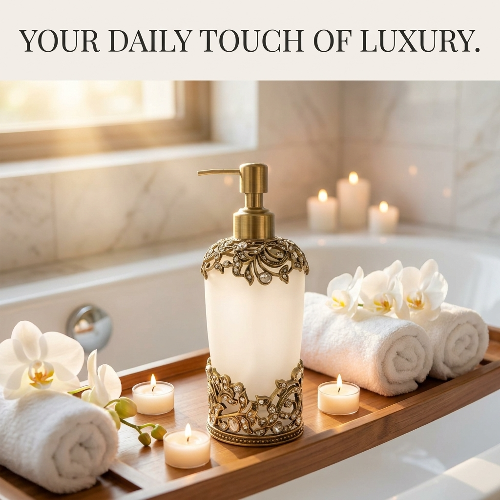 Liora Bloom modern decorative bathroom lotion dispenser with 9 oz capacity, handcrafted soap dispenser in elegant design.
