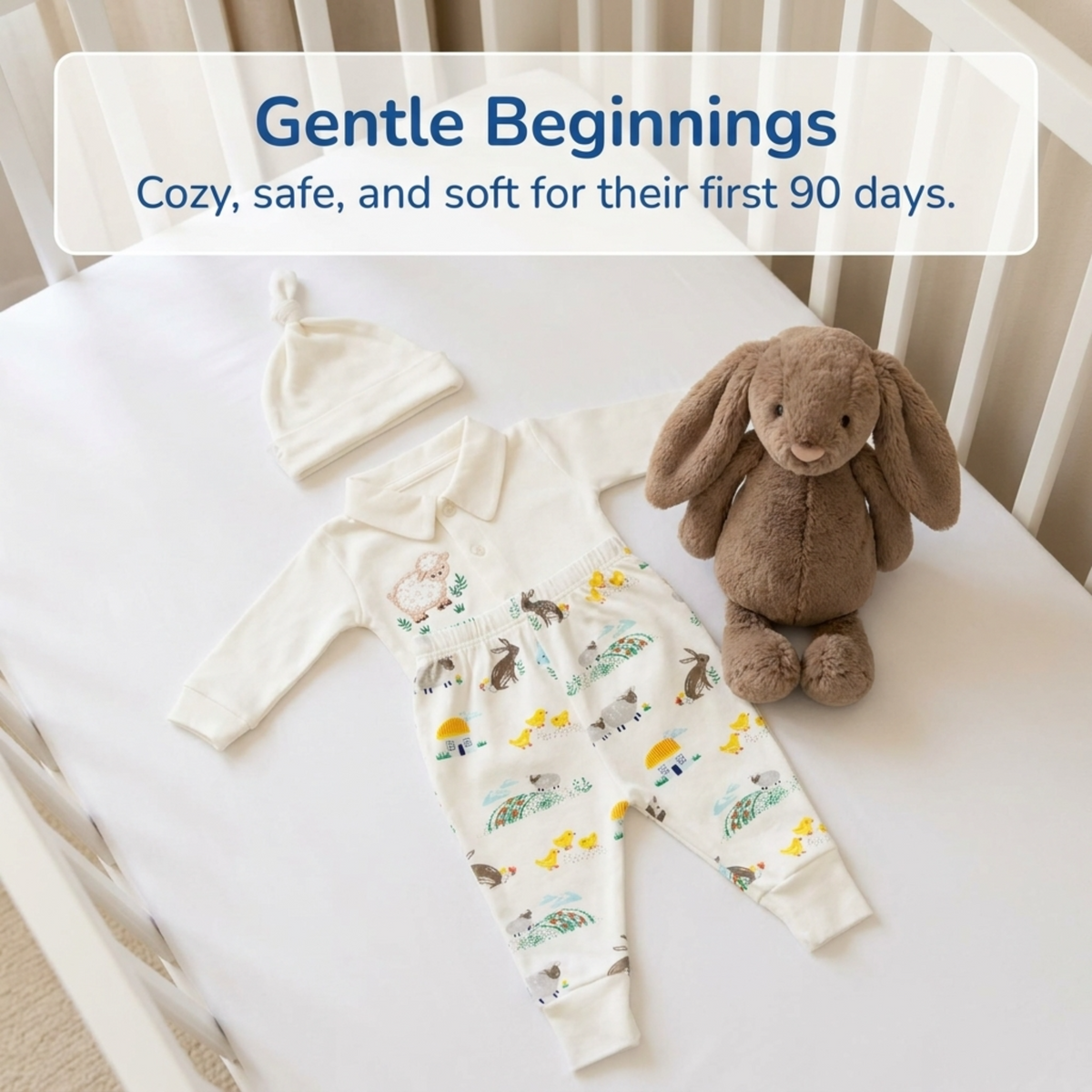 A baby's onesie and a stuffed rabbit are placed on a white crib, accompanied by a caption that reads "Gentle Beginnings: Cozy, safe, and soft for their first 90 days."