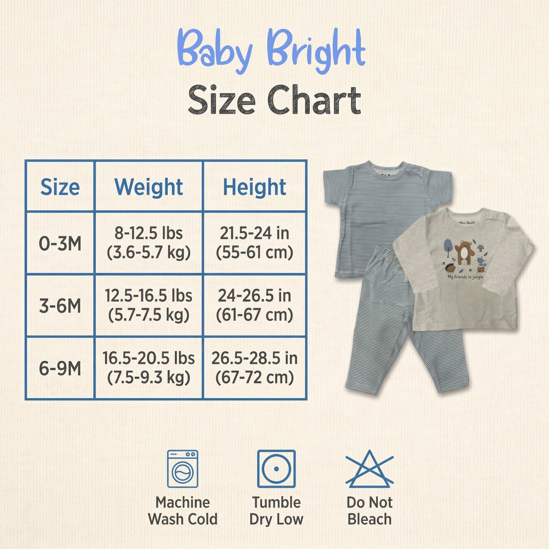 The image is a size chart for baby clothing, including a table with weight and height measurements for different age groups, and a picture of baby clothes.