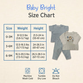 The image is a size chart for baby clothing, including a table with weight and height measurements for different age groups, and a picture of baby clothes.