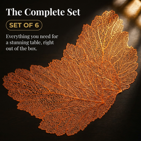 Set of six leaf-shaped cut out vinyl placemats in rose gold finish by AMF023, decorative and protective tableware.