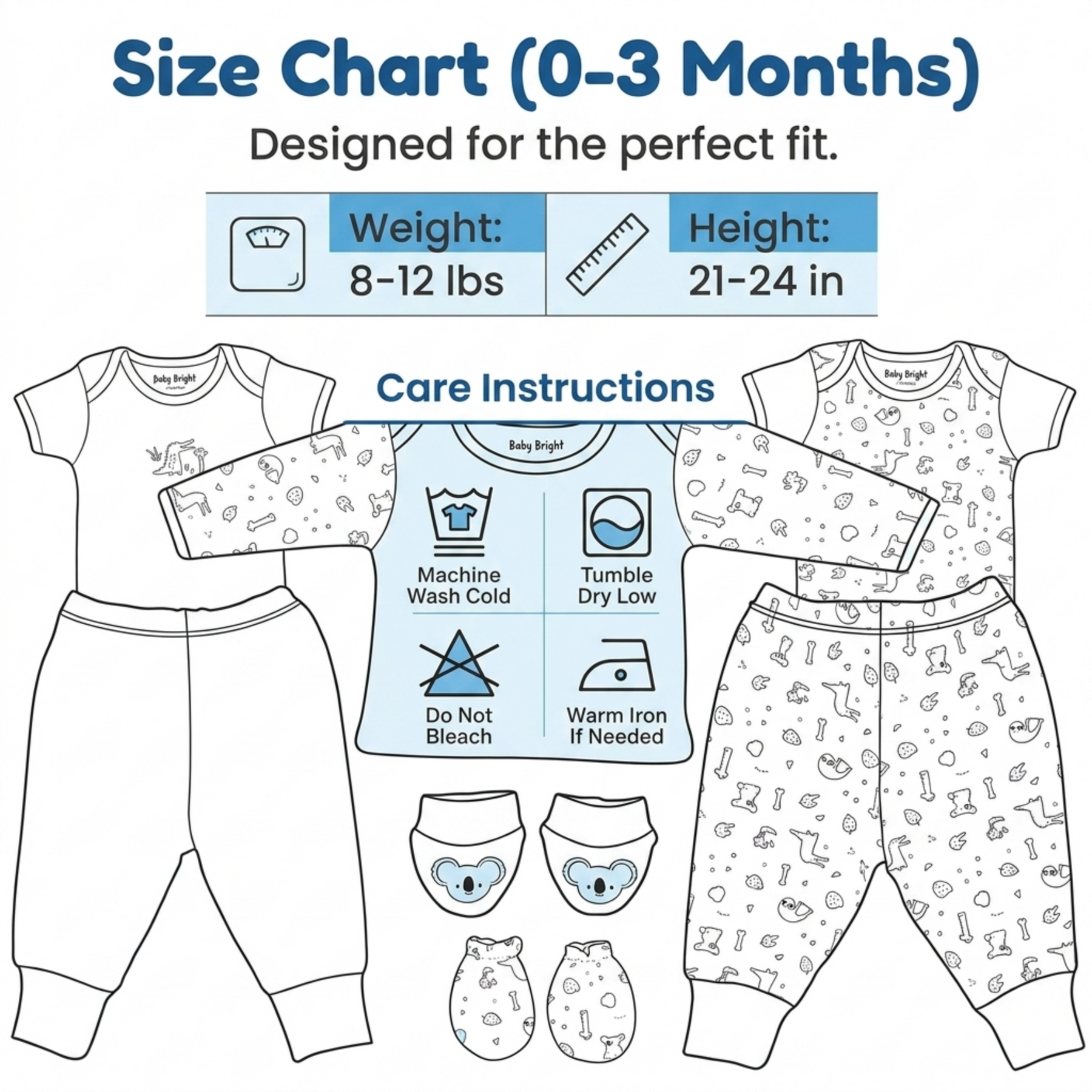 The image is a size chart for baby clothing, designed for the perfect fit. It provides weight and height measurements for different age groups, ranging from 0 to 3 months. The chart also includes care instructions for the baby clothing, such as machine wash cold, tumbler dry low, iron if needed, and not bleaching.