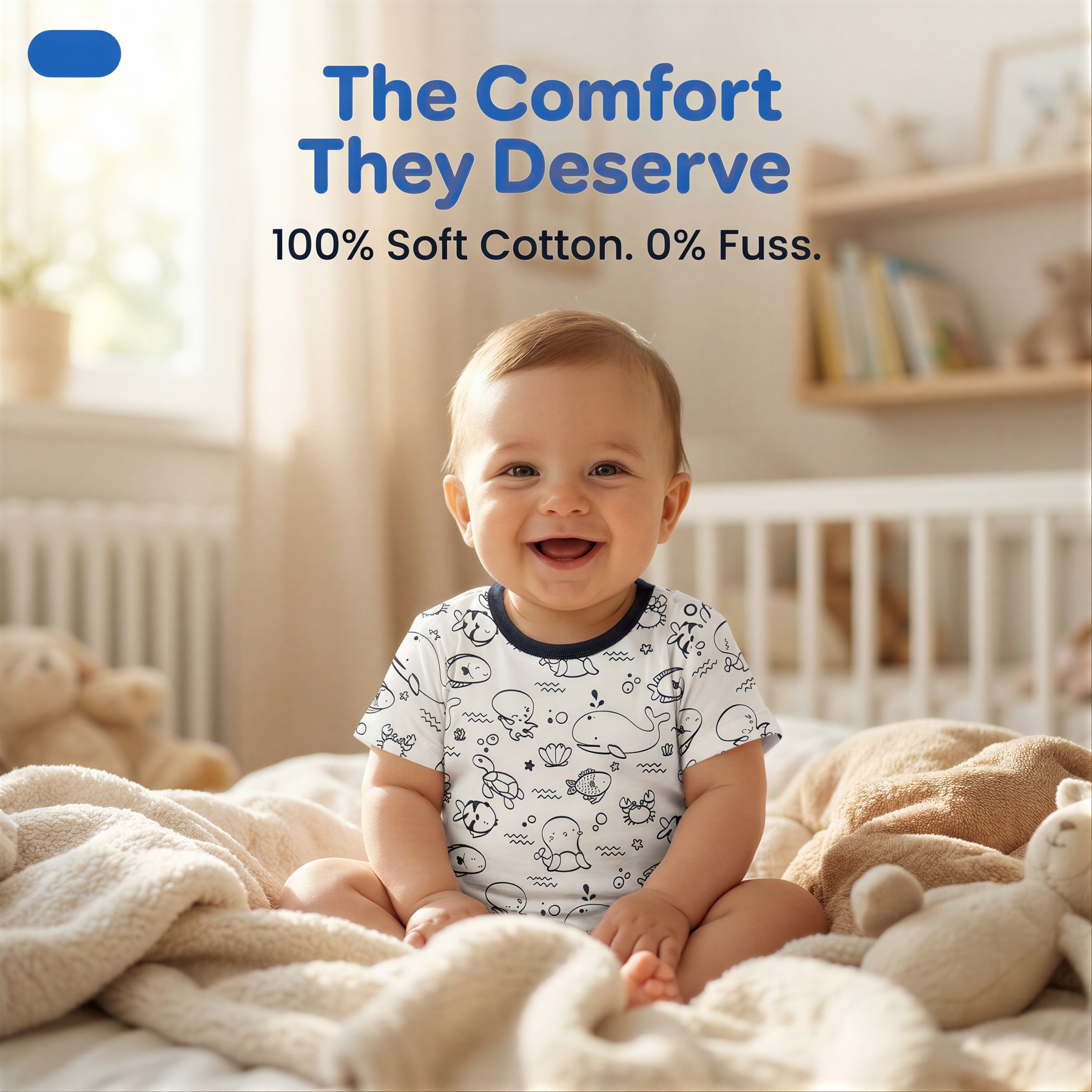 A smiling baby wearing a white onesie with a cartoon design sits on a bed, surrounded by stuffed animals.