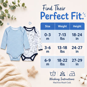 a collection of baby clothing items, including two long-sleeved onesies, along with size and weight charts for different age groups. The chart provides information on the appropriate size and weight for each age range, along with corresponding height measurements. The image also includes a starfish, cotton balls, and washing instructions for the baby clothes.