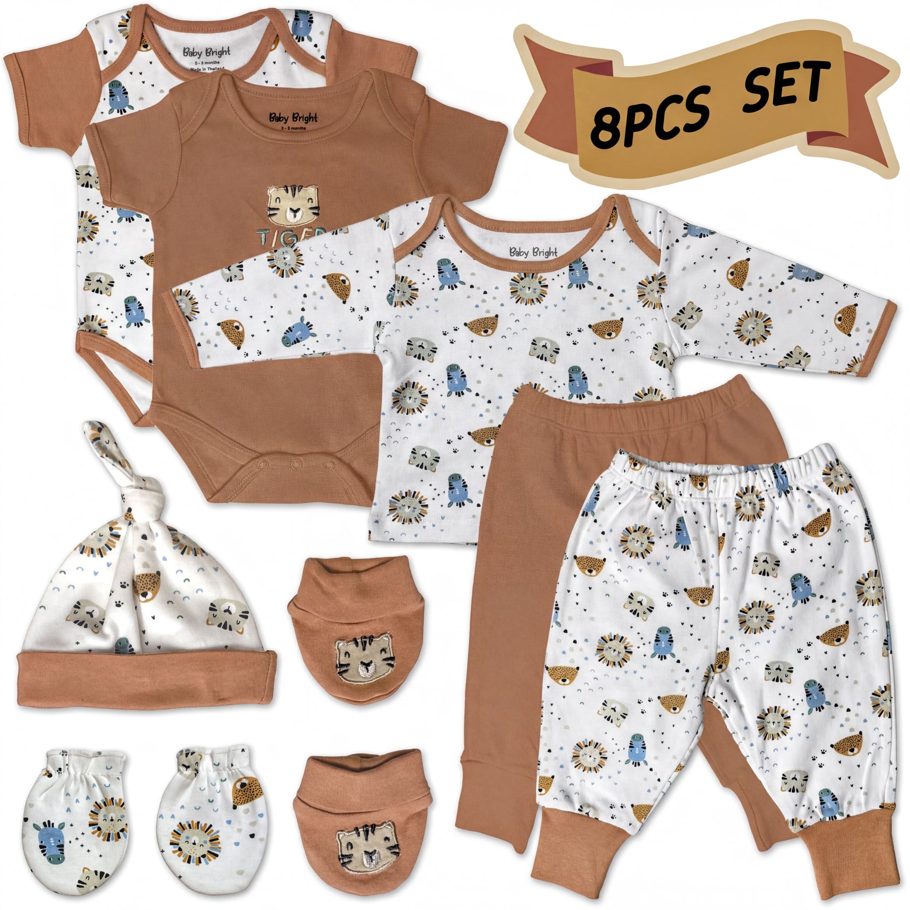 A set of baby clothing and accessories, including a onesie, pants, socks, a hat, and mittens, all featuring a playful animal print pattern.