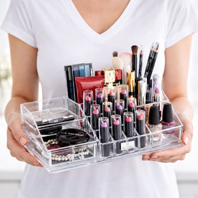 Clear F1215 makeup organizer with 19 slots and 1 drawer, perfect for storing cosmetics and beauty products.