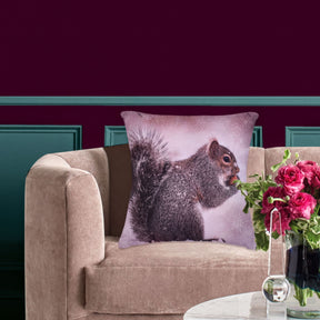 Set of 2 or 4 WINTER 6-4 squirrel printed throw pillow covers, 18x18 inches, featuring detailed squirrel illustrations on soft fabric.
