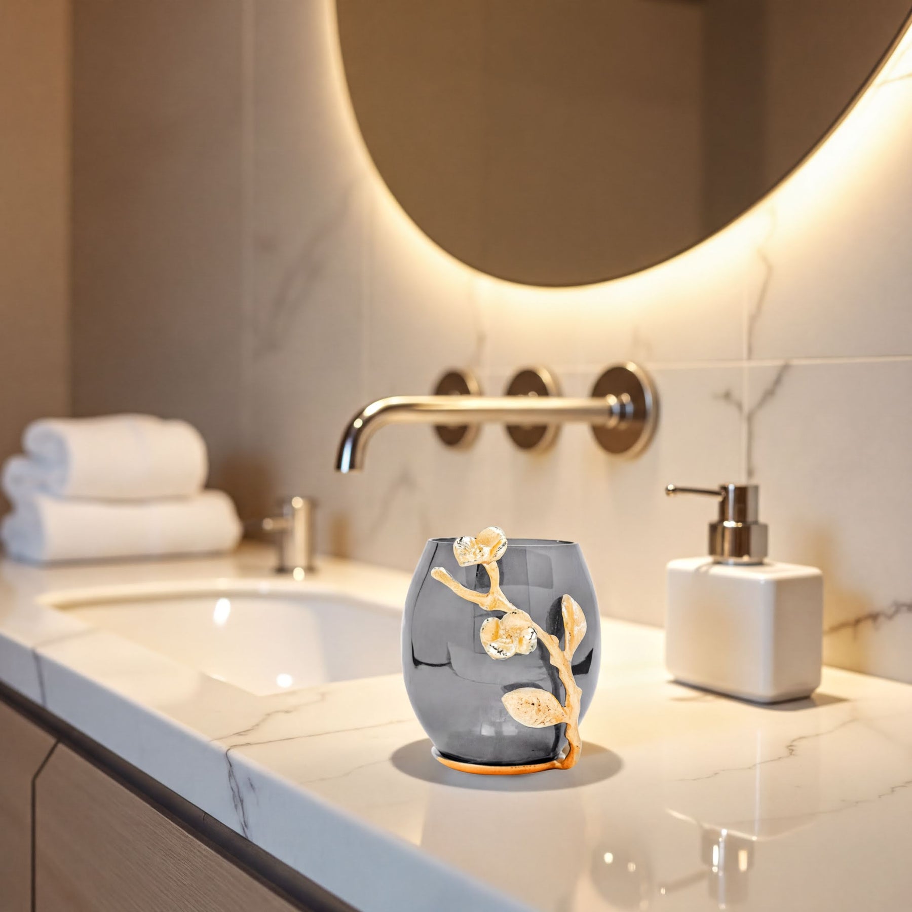Handmade Milli Essence bathroom tumbler, modern decorative bath décor accessory on a bathroom counter.
