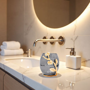Handmade Milli Essence bathroom tumbler, modern decorative bath décor accessory on a bathroom counter.