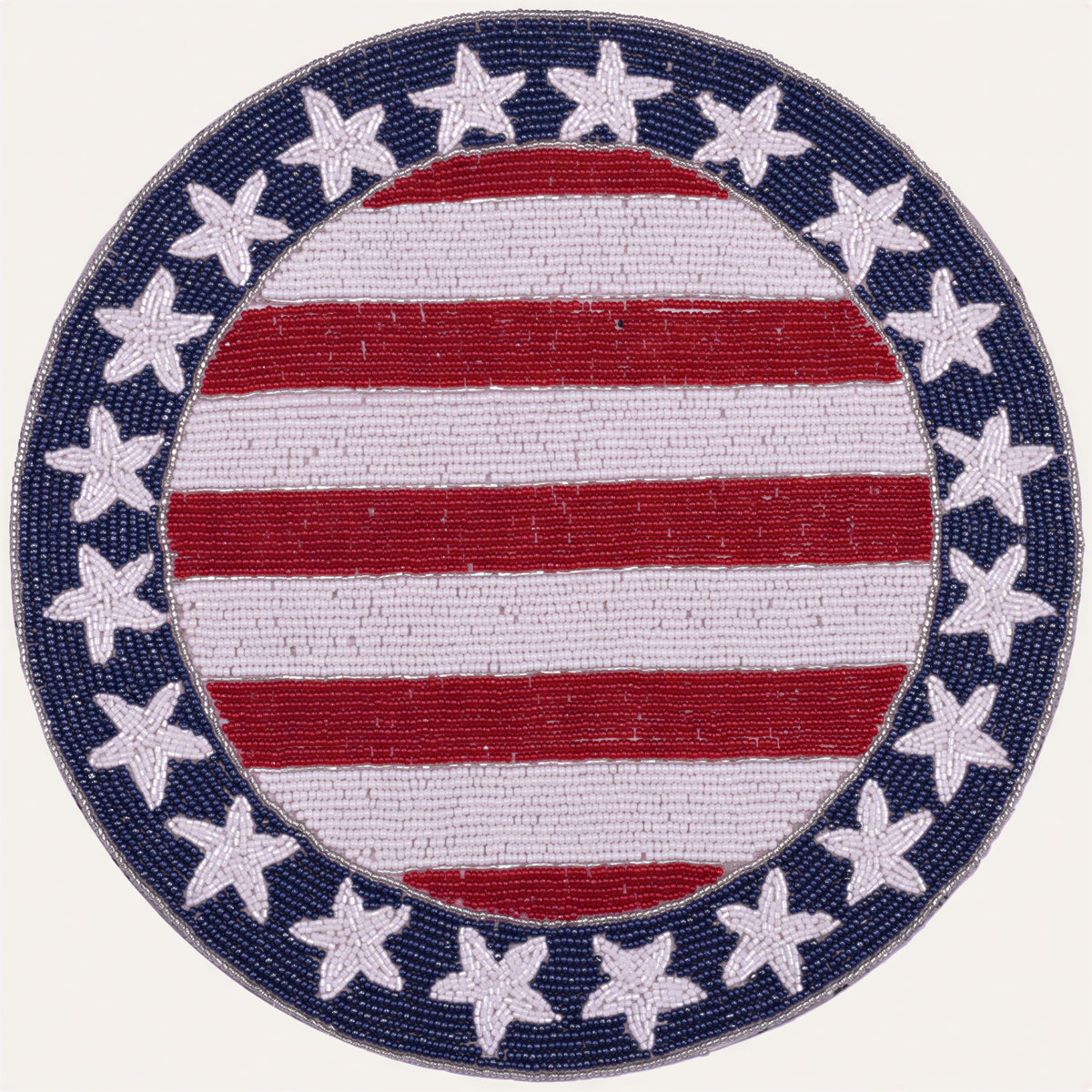 Set of 2 beaded USA flag round placemats by PM-1720, featuring patriotic red, white, and blue beaded design for table decor.