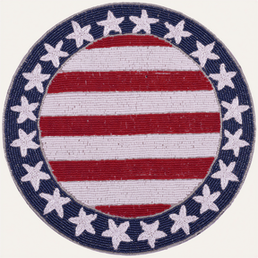 Set of 2 beaded USA flag round placemats by PM-1720, featuring patriotic red, white, and blue beaded design for table decor.
