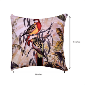 A decorative pillow with a vibrant, tropical bird design, featuring two colorful birds perched on branches amidst lush foliage.