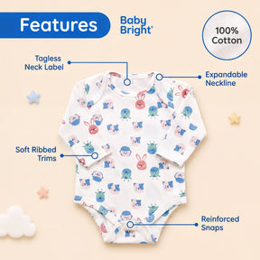 a baby onesie with a playful animal print, including a rabbit, cat, and dog. The onesie has a tagless neck label, an expandable neckline, soft ribbed trims, reinforced snaps, and 100% cotton fabric.