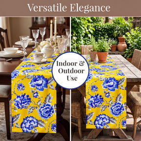 The image showcases a dining area with a yellow table runner featuring a blue and white floral pattern. The table is set with plates, glasses, and a teapot, creating an elegant outdoor dining setup. The table is surrounded by chairs, and there are potted plants and vases placed on the table, adding a touch of greenery and sophistication to the scene.