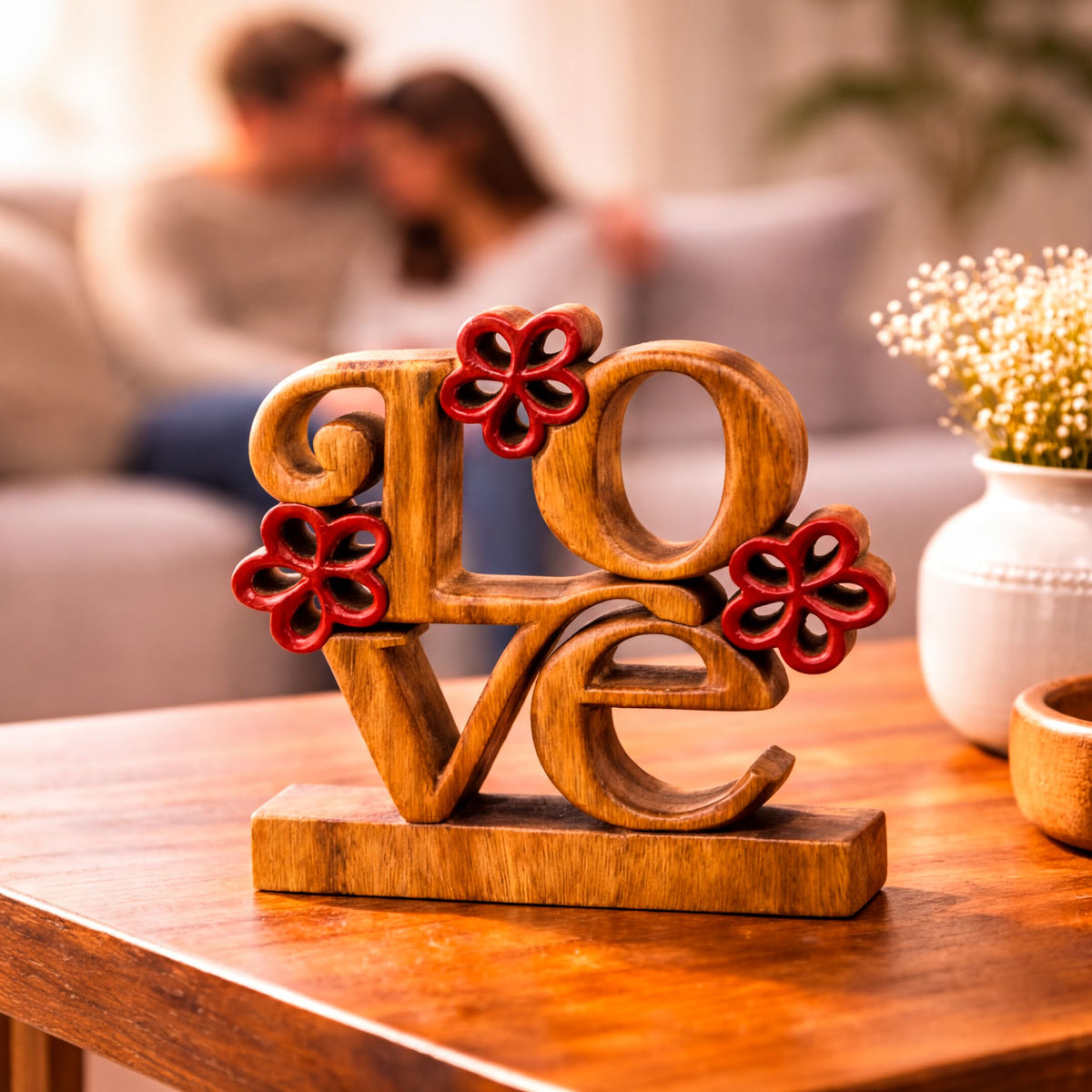 Hand-carved crimson heart wooden sculpture by LAY014, a handmade decorative wooden décor piece for home art.