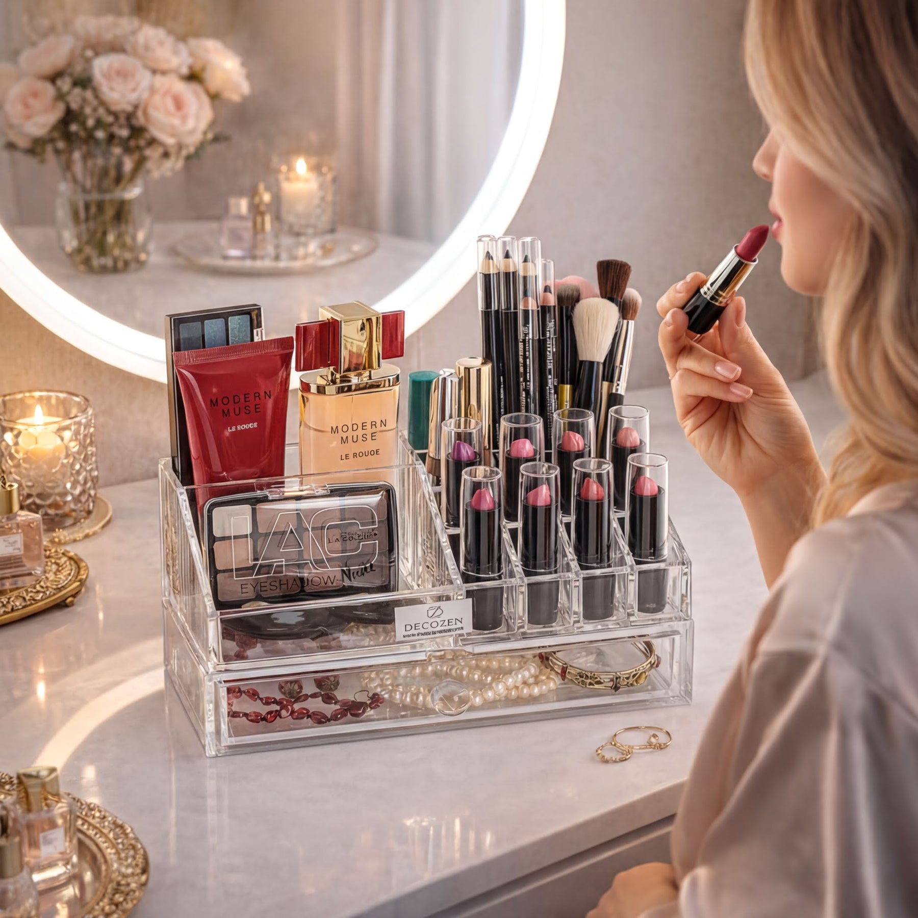 Clear F1267 makeup organizer with 19 slots and a drawer, perfect for storing cosmetics and beauty tools.