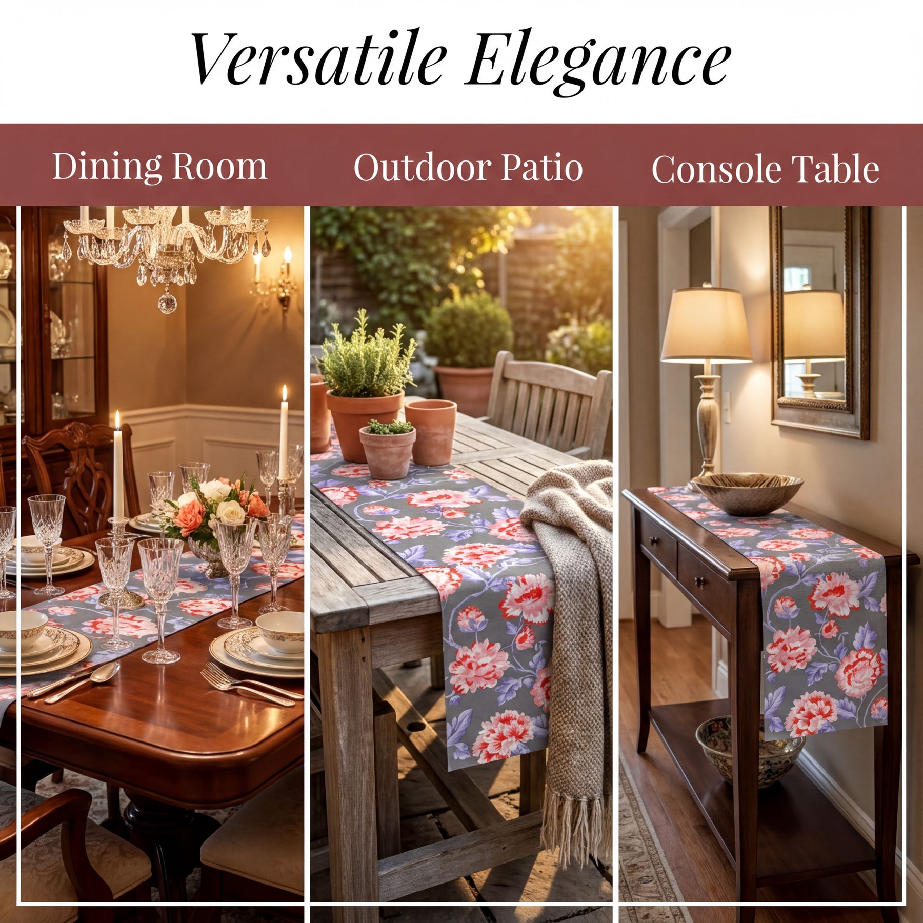 The image is a collage of three photos showcasing different areas of a home, including a dining room, an outdoor patio, and a console table.