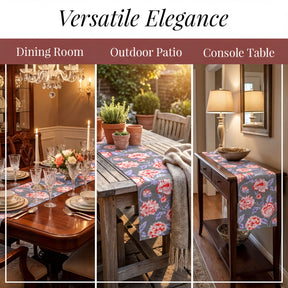 The image is a collage of three photos showcasing different areas of a home, including a dining room, an outdoor patio, and a console table.