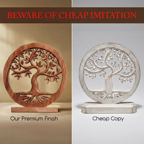 The image is a collage of two images, one showing a wooden tree carving and the other a white tree carving. The text warns of a "cheap imitation" and labels the wooden tree carving as a "Premium Finish" and the white tree carving as a "Cheap Copy".