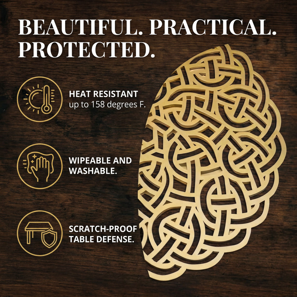 The image is a promotional graphic for a product that is described as "Beautiful, Practical, Protected." It features a brain-shaped design with various features highlighted, such as heat resistance up to 158 degrees F., wipeability and washability, and scratch-proof table defense.