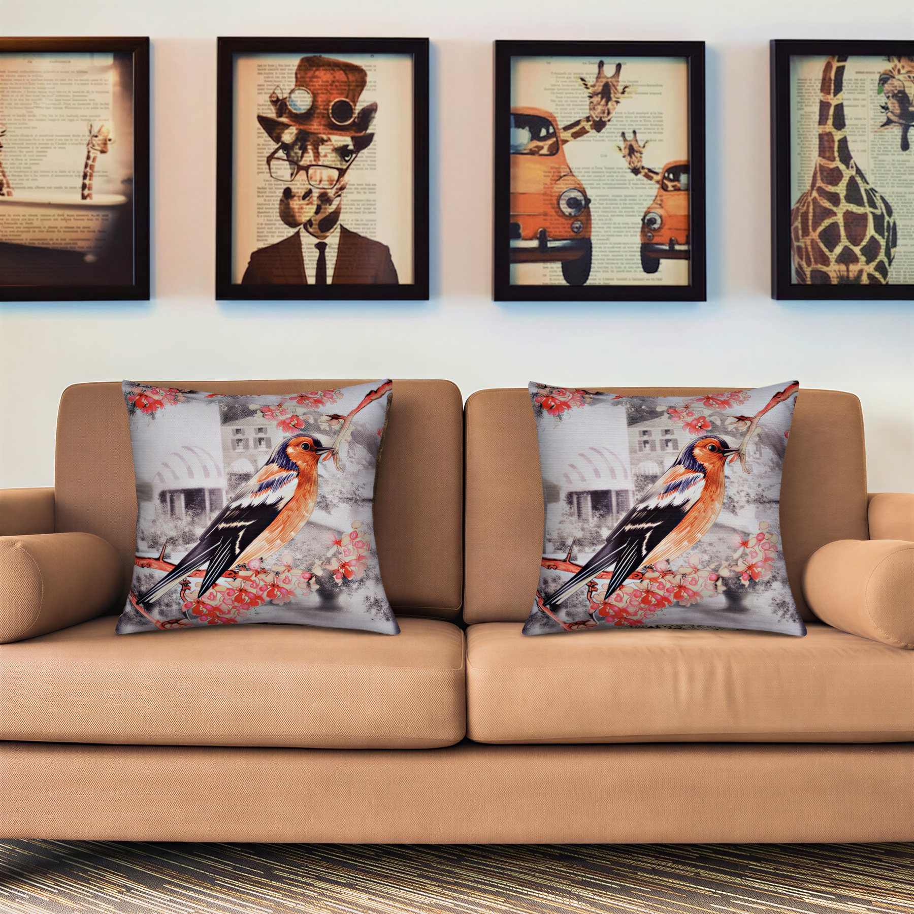 a beige sofa with two decorative throw pillows, each depicting a different animal, including a giraffe, a bird, and a car. The pillows are arranged in a row on the sofa, creating a visually appealing display.