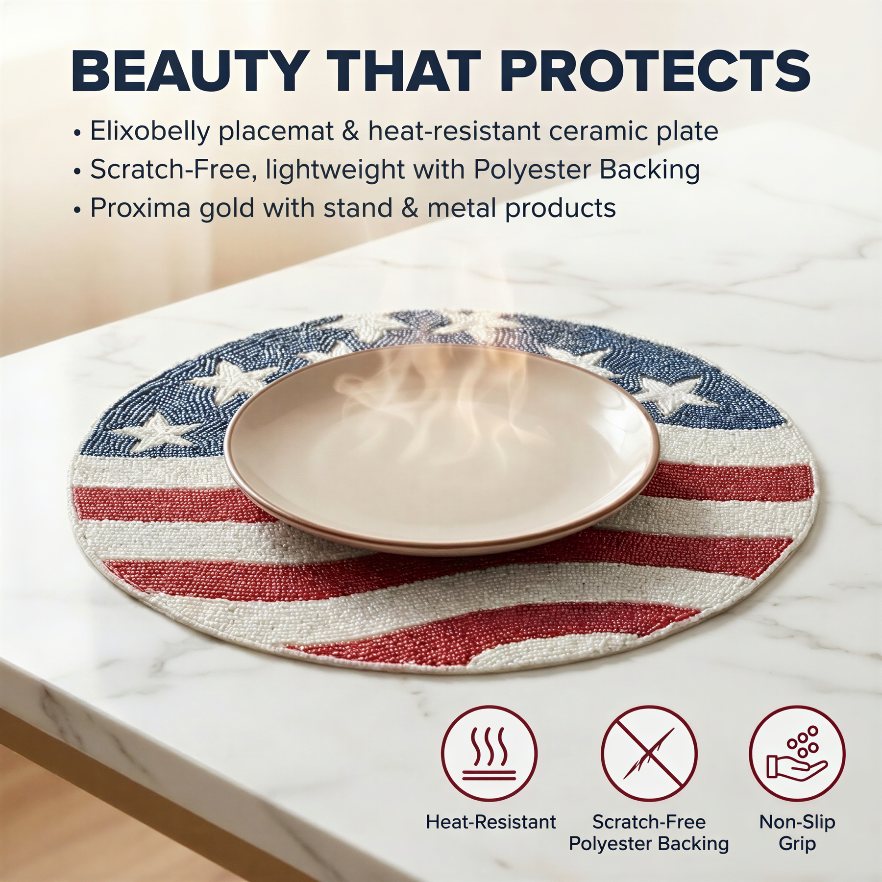 a round place mat with an American flag design, placed on a white marble countertop.
