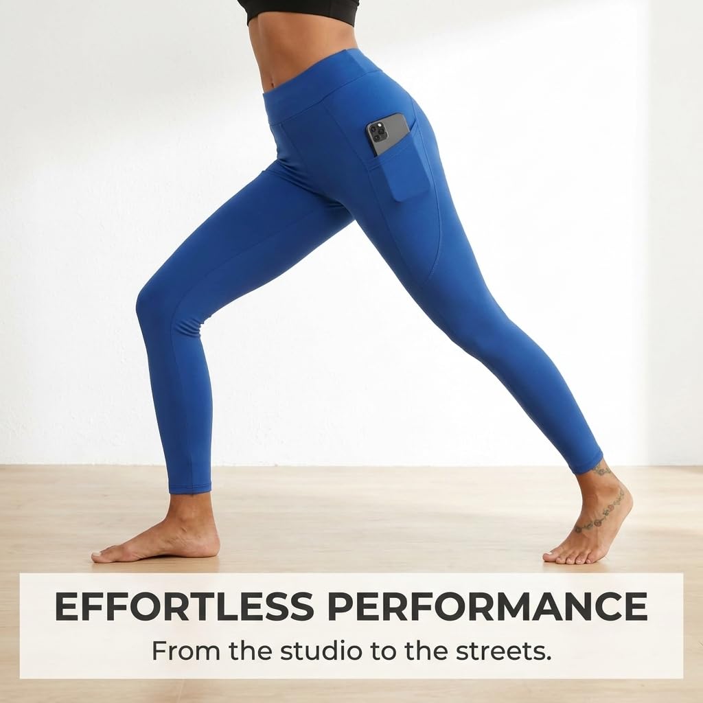Yogazen Women's High-Waist Seamless Leggings with Side Pockets – Blue