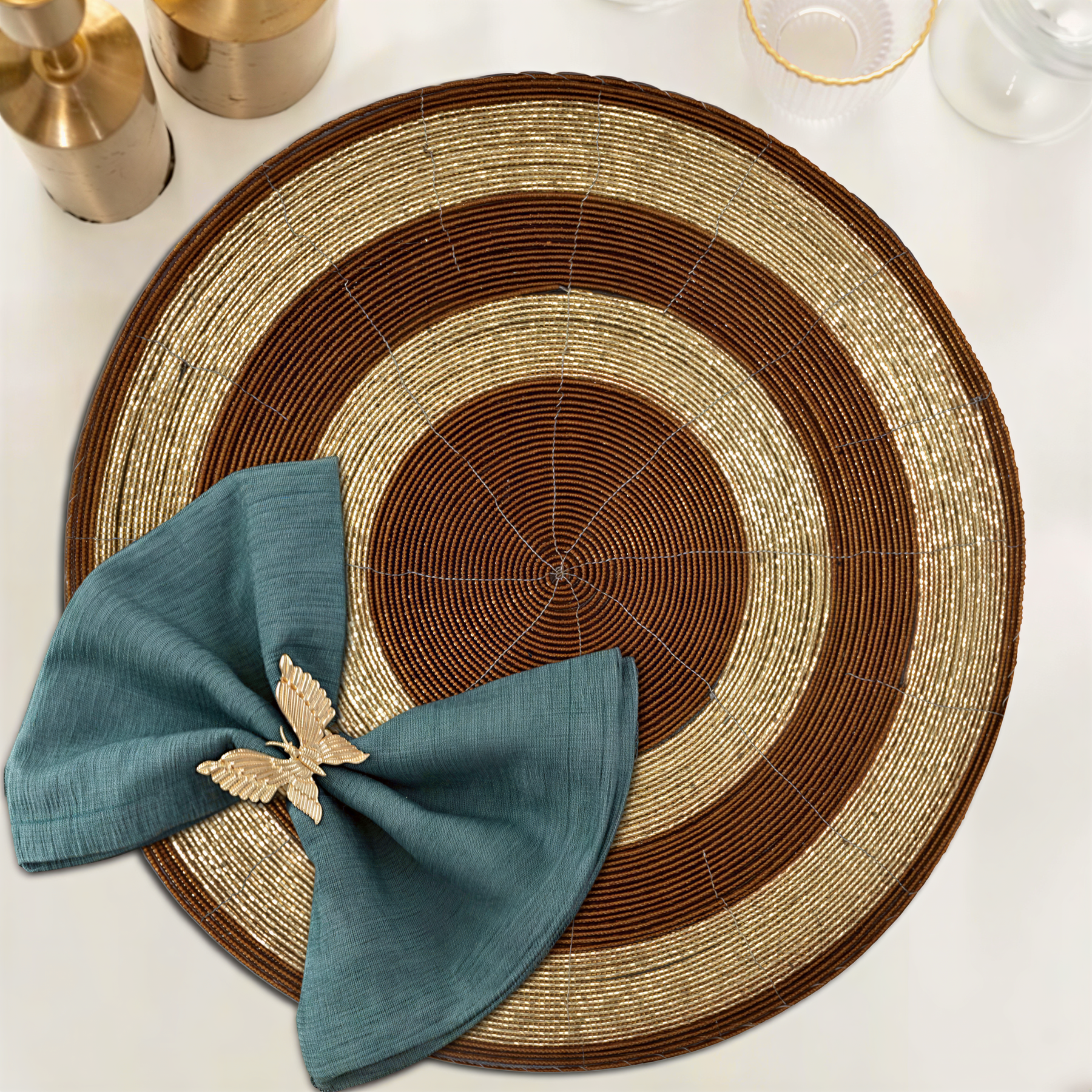 Set of four Dillen Grace beaded placemats from The Dillen Collection, 14-inch decorative tableware for elegant dining decor.