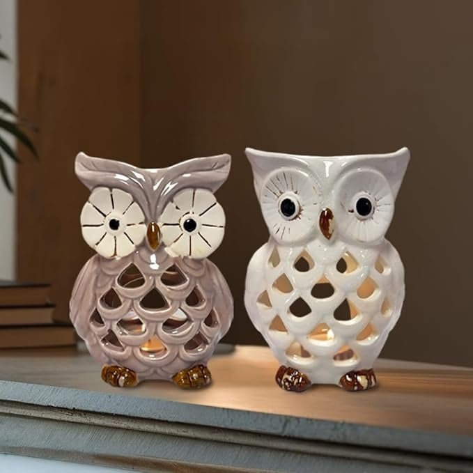 Decozen Lucky Owl Tea Lights and Votive Candle Holders Set of 2 Home Decor for Console Table Centerpiece Patio Dining Living Room Bedroom Office Farmhouse Events Wedding Decorations