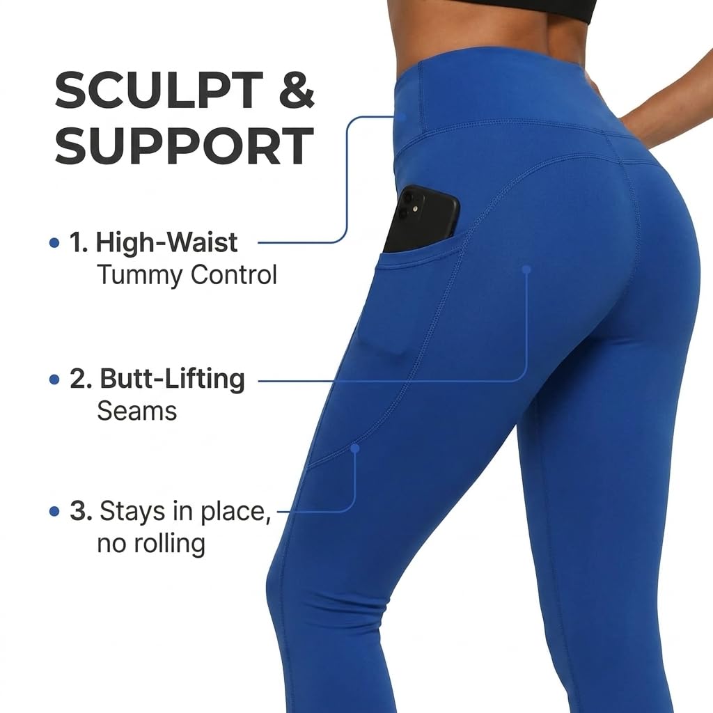 Yogazen Women's High-Waist Seamless Leggings with Side Pockets – Blue