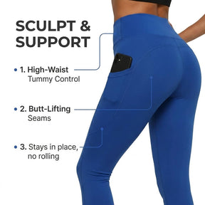 Yogazen Women's High-Waist Seamless Leggings with Side Pockets – Blue