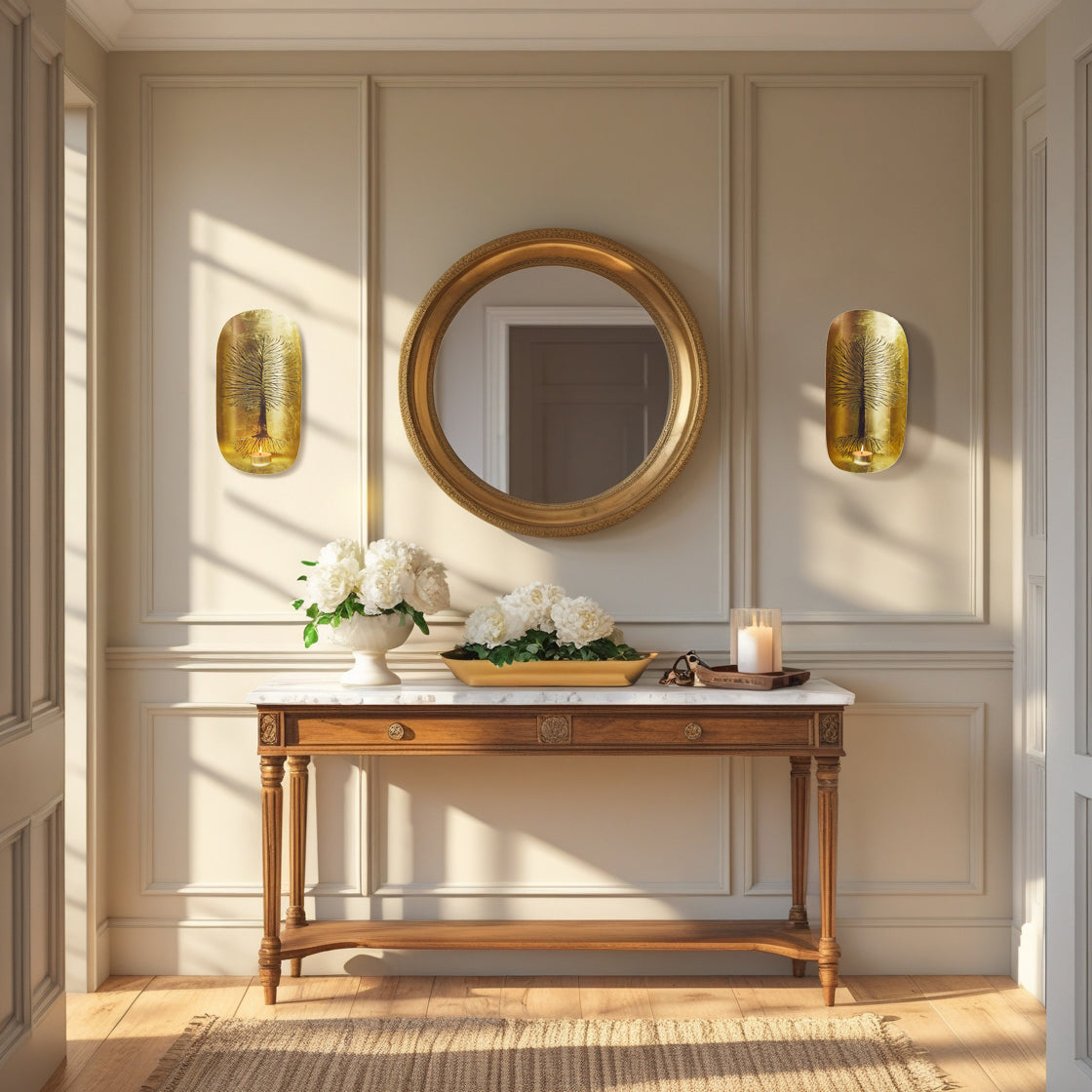 Gold Wall Candle Sconces with Tree of Life Design - Set of 2 - Decozen 