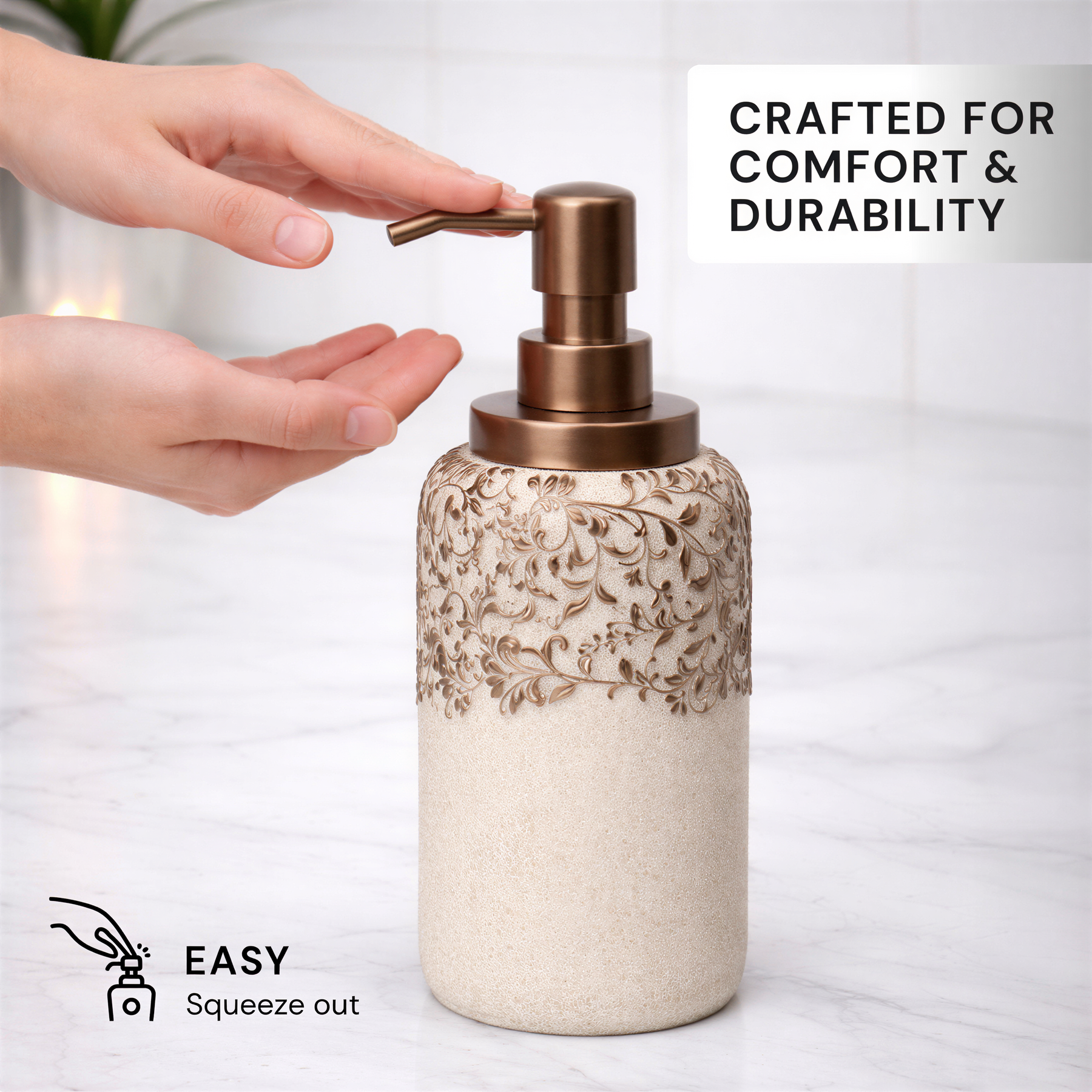 Set of six beige modern bathroom decor accessories from the Stella Collection by AH8312B, including soap dispensers and holders.