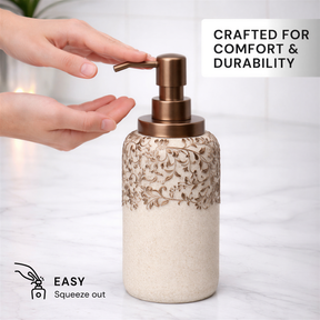 Set of six beige modern bathroom decor accessories from the Stella Collection by AH8312B, including soap dispensers and holders.