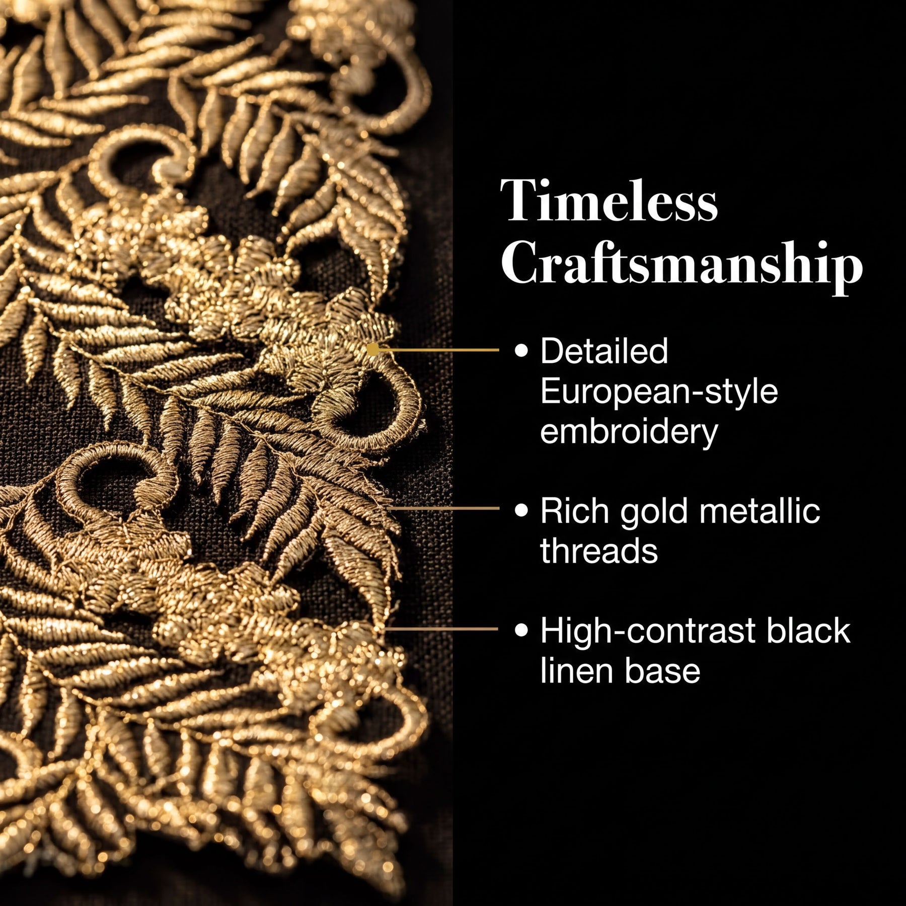 The image is a close-up of a detailed European-style embroidery on a fabric, showcasing the intricate gold metallic threads and the high-contrast black linen base.