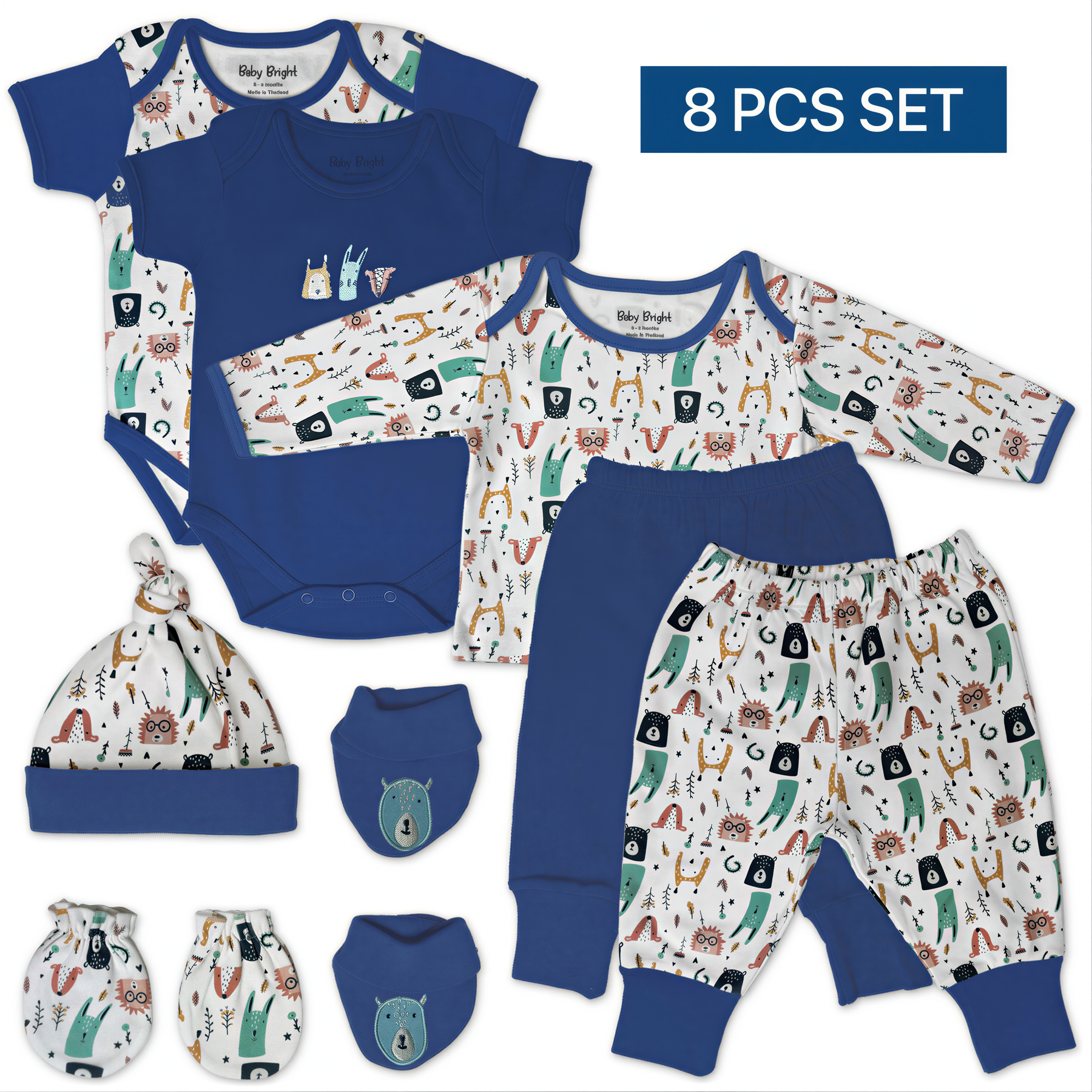 A set of baby clothing items, including a blue onesie, long-sleeved shirt, pants, socks, and a hat, arranged on a white background.