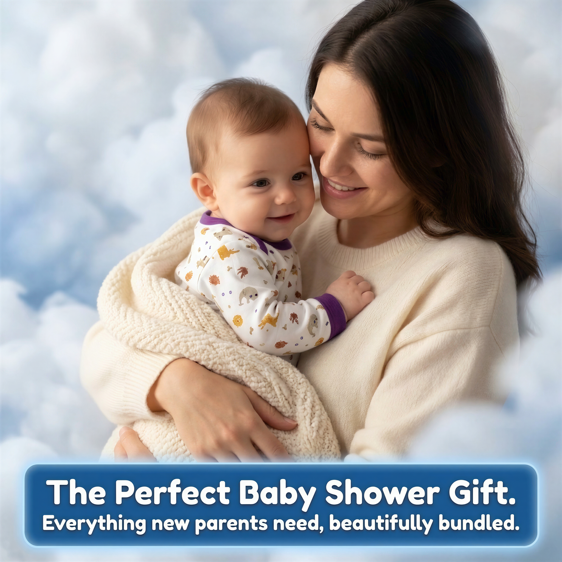A smiling woman tenderly holds a baby wrapped in a blanket, with a text overlay promoting a "Perfect Baby Shower Gift."