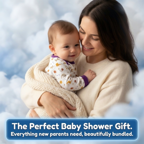 A smiling woman tenderly holds a baby wrapped in a blanket, with a text overlay promoting a "Perfect Baby Shower Gift."