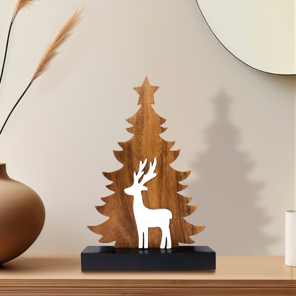 Handmade wooden Christmas tree sculpture by LAY010, festive wooden décor with intricate carved details for holiday home decoration.