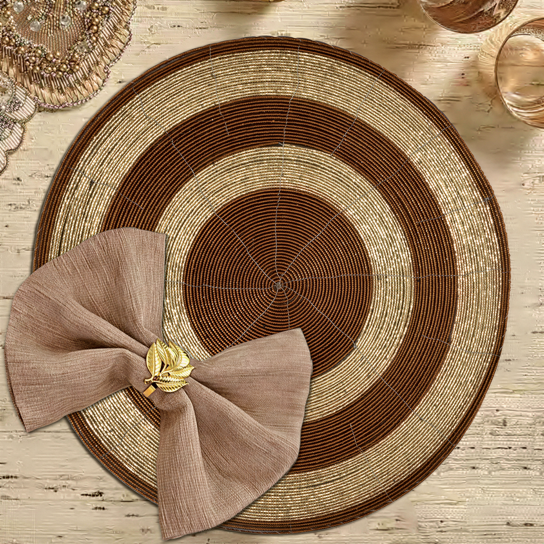 Set of four Dillen Grace beaded placemats from The Dillen Collection, 14-inch elegant decorative dining table decor.